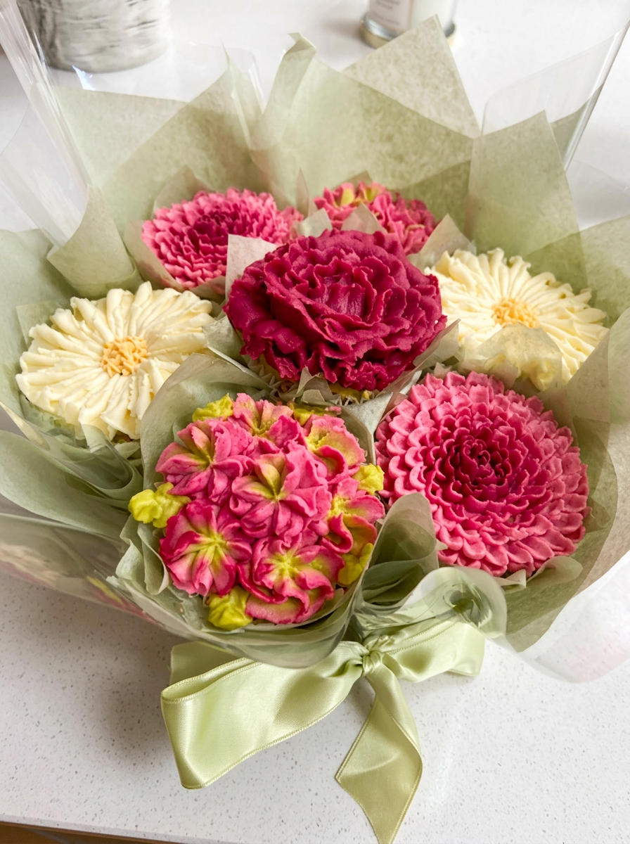 Matilda & May cupcake bouquet with pink and cream buttercream flowers wrapped in sage tissue and a satin bow