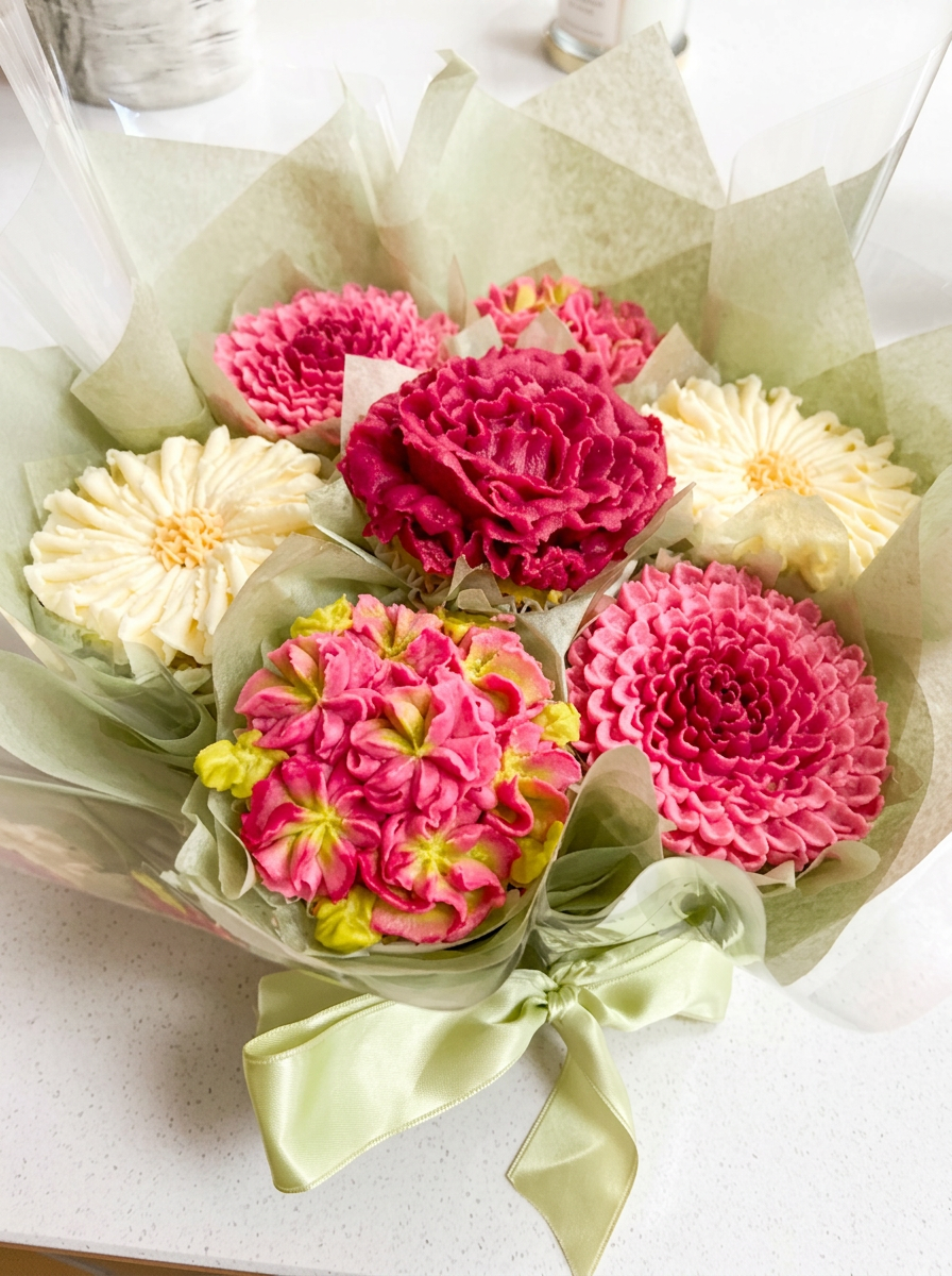 Matilda & May Garden Bouquet with pink and cream buttercream flowers wrapped in sage tissue and a satin bow