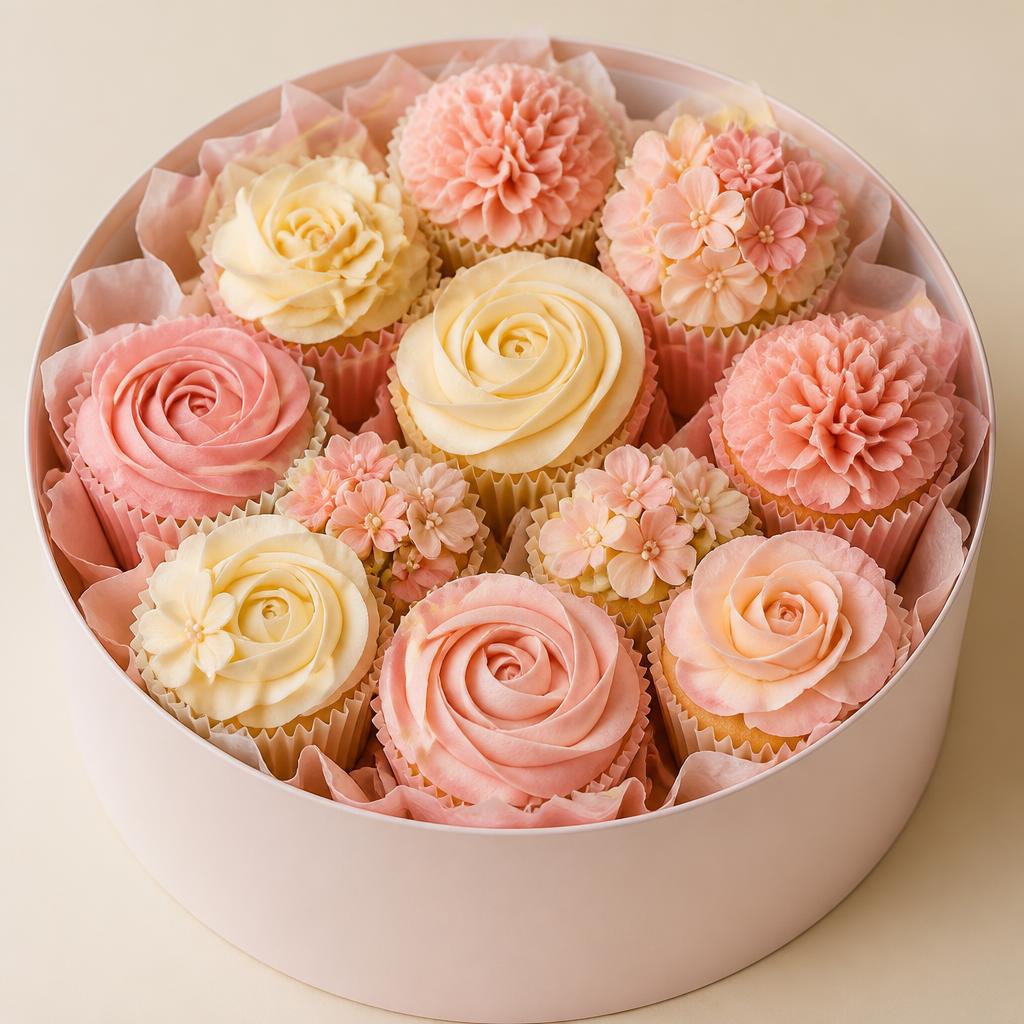 Classic cupcake bouquet with pink and cream buttercream roses in a round presentation box